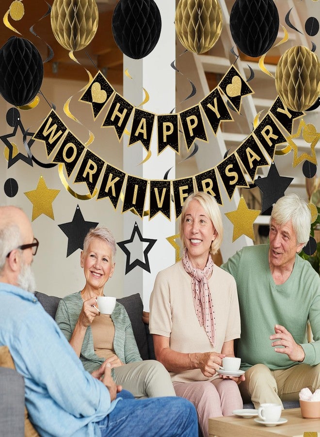 Roetyce Work Anniversary Party Decorations Women Men, Black Gold Happy Workiversary Banner Hanging Swirls Kit, Happy Work Anniversary Backdrop Background for Employee Coworker Office Party Supplies - Image 4