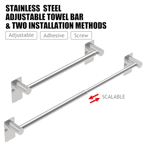 MIROAMZ Towel Bar, Adjustable 14.4inch - 25.2inch, Self Adhesive & Wall Mounted for Bathroom Kitchen Hand Towel Rack Holder Cloths Hanger SUS 304 Stainless Steel Organizer Single Bar Nickel Brushed - Image 2