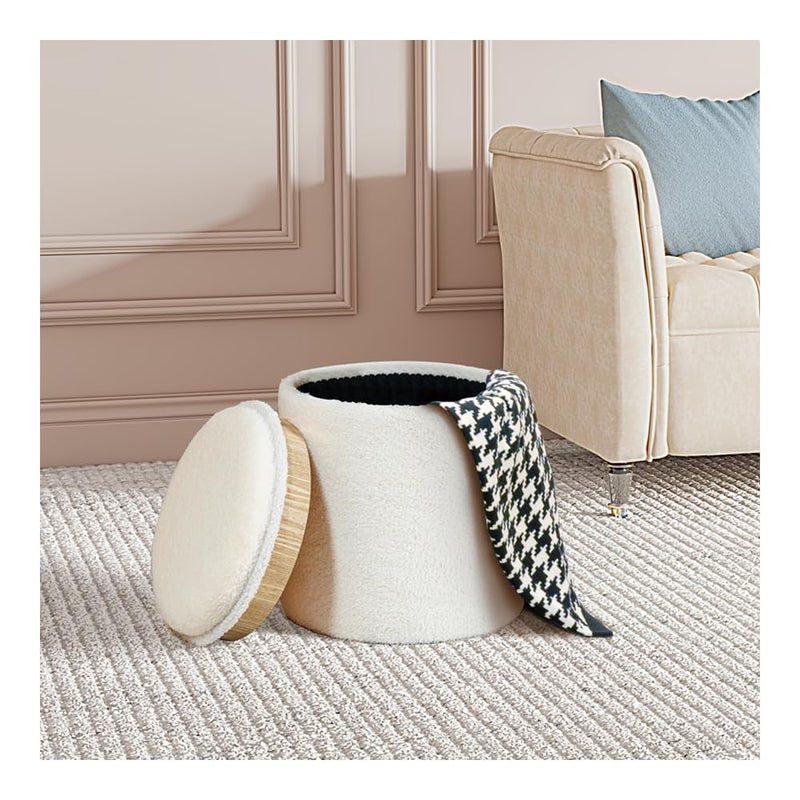 PINPLUS Round Storage Ottoman Boucle Ottoman with Tray, Teddy Velvet Footstool Cube for Living Room, Bedroom, Dorm 13.4"x13.4"x15" (White) - Image 1
