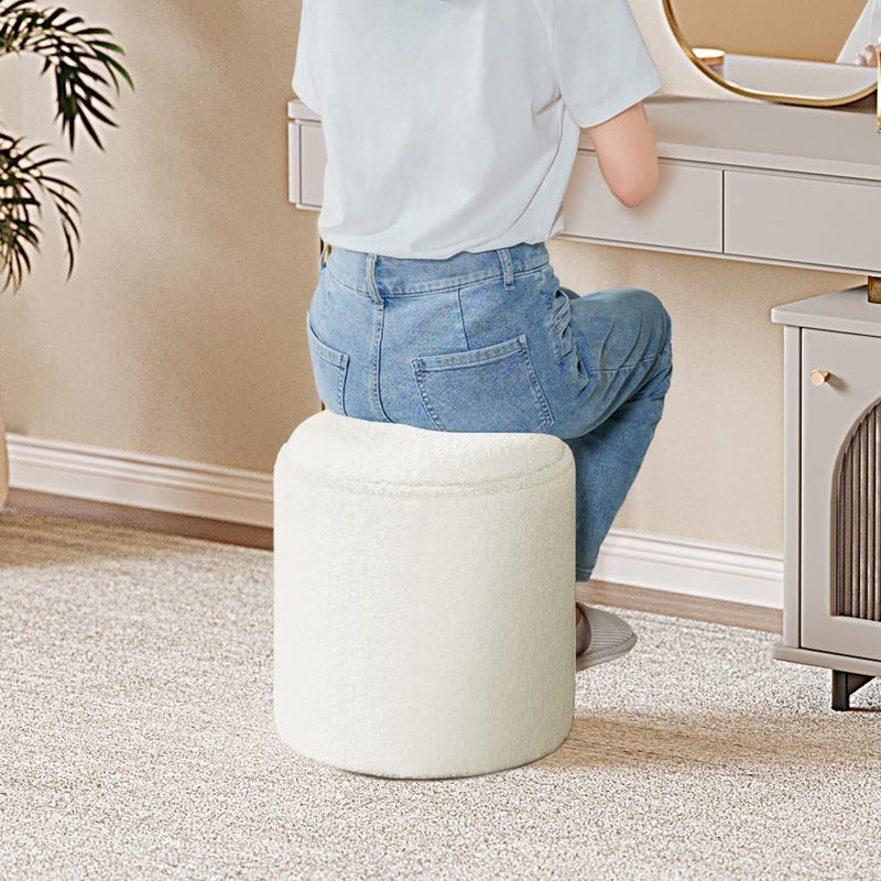 PINPLUS Round Storage Ottoman Boucle Ottoman with Tray, Teddy Velvet Footstool Cube for Living Room, Bedroom, Dorm 13.4"x13.4"x15" (White) - Image 2