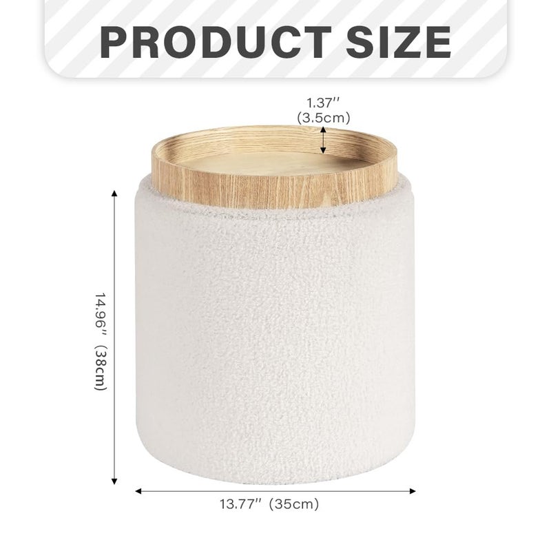 PINPLUS Round Storage Ottoman Boucle Ottoman with Tray, Teddy Velvet Footstool Cube for Living Room, Bedroom, Dorm 13.4"x13.4"x15" (White) - Image 3