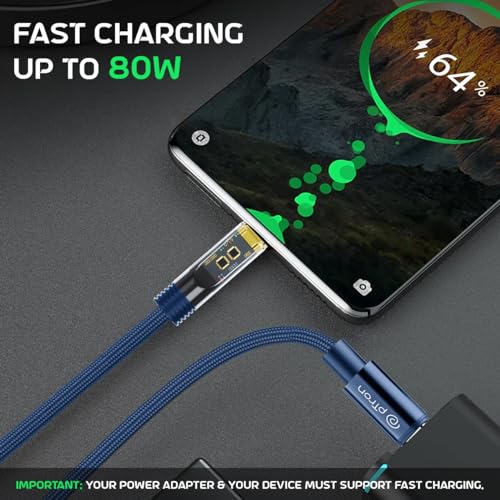 pTron Solero 80W Type-C to Type-C Fast Charging USB Cable, Compatible with Samsung, OnePlus, Oppo, Vivo,Xiaomi & Other Devices, Unbreakable Nylon Braid & 480Mbps Data Sync Speed (1m, Bold Blue) - Image 2