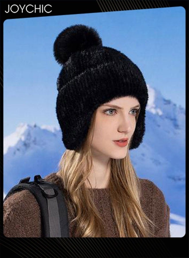 Joychic Korean Version Autumn and Winter Versatile Beanie Hat Ear Protection Knit Hat for Women Black - Image 1