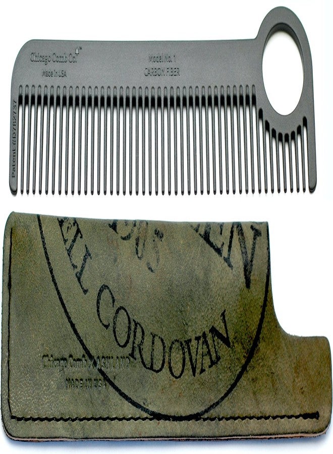 Chicago Comb Model 1 Carbon Fiber Comb + Olive Shell Cordovan Horween leather sheath, Made in USA, ultimate pocket & travel comb, smooth strong & light, anti-static, premium American leather - Image 1