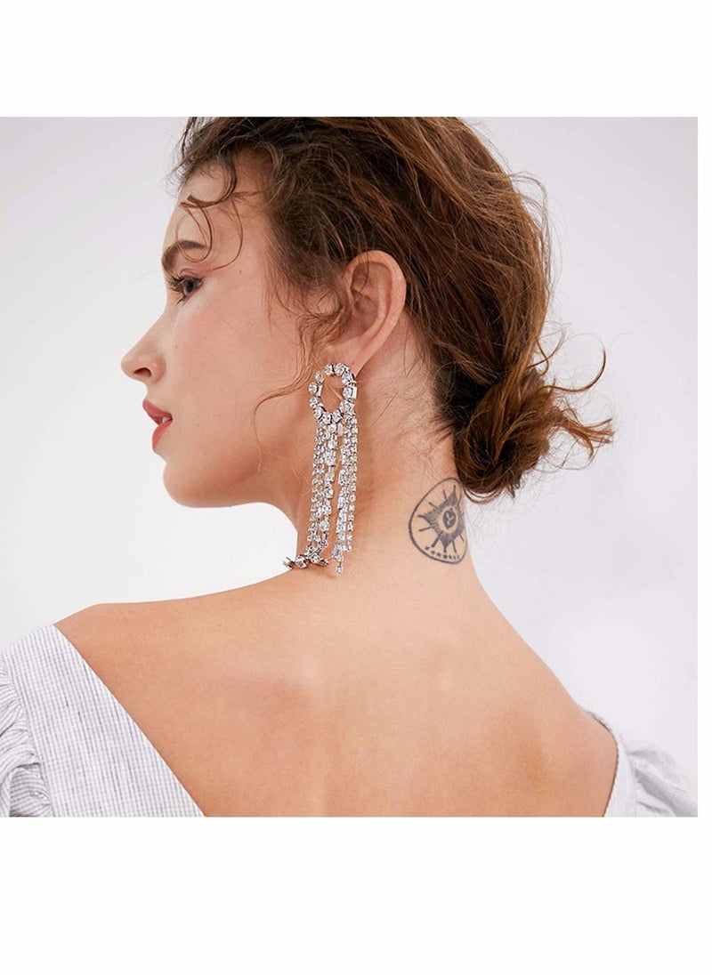 SYOSI - Fashion Earrings, Women Earrings, Silver Needle Rhinestones tassel earrings, Personalized Zircon Flash Diamonds, Silver Tassel Full Long Chain Drop Dangle Earrings, for Women - Image 1