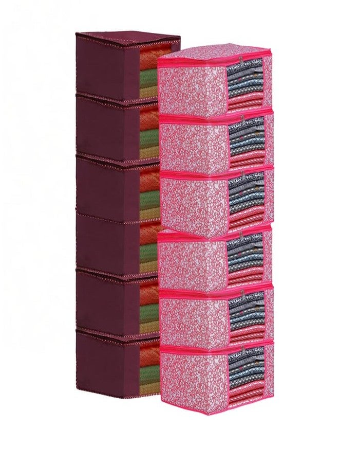 EasyGoods® Saree Covers with Zip for Storage, Pink Chiku and Maroon Design, Storage Organizer For Saree, Wardrobe Organiser, (45L x 35W x 22H CM) (Pack of 12)