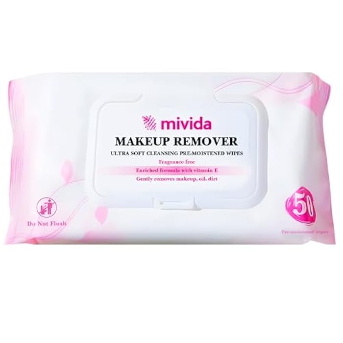 Mivida Hypoallergenic Makeup Remover Wipes With Vitamin E, Daily Cleansing Facial Towelettes, For Sensitive Skin, 50 Count, Alcohol Free, Fragrance Free Makeup Wipes - Image 1
