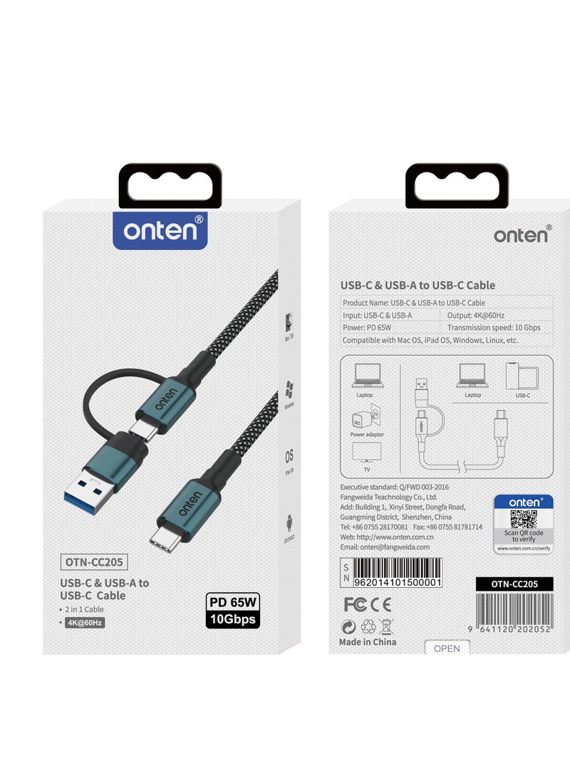 onten 2 in 1 USB Type C & USB Type C to Type A Cable Length 0.15cm 65W 10Gbps Data Transfer Speed  - Image 2