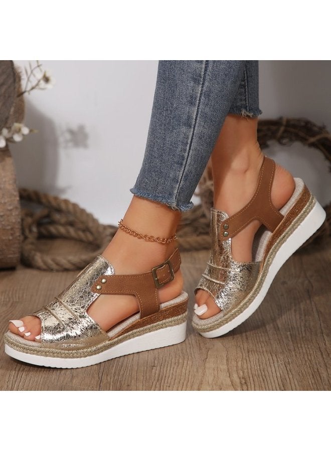 Plus-size Women's Sandals Summer New Style Wedge Heel Peep-toe Casual Buckle Sandals For Women Navy Blue Black
