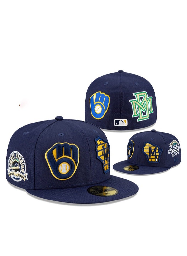 NEW ERA Milwaukee Brewers Navy Blue Flat - Brim Cap, Multi - Badge Embroidered Baseball Cap - 57.7 cm 