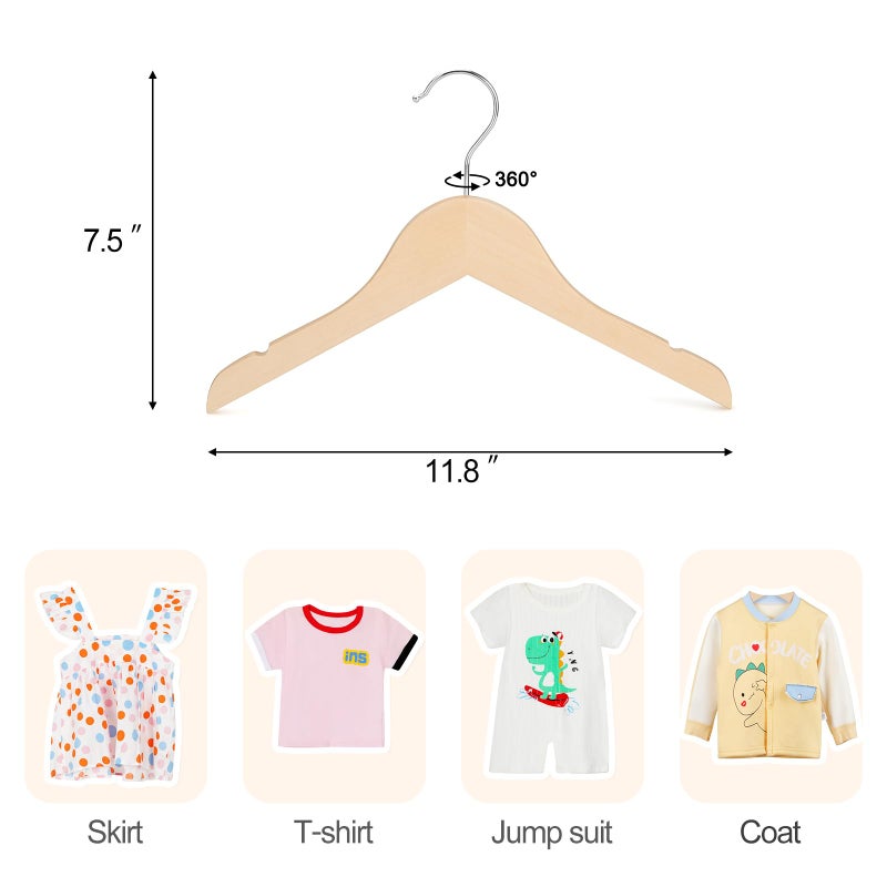 Topia Hanger Unfinished/Natural Kids Children Baby Wood Wooden Clothes Dress Shirt Hangers With No Painting - 360Stronger Flexible Hook- Extra Smoothly Cut Notches, 10 Pack Ct09N - Image 2