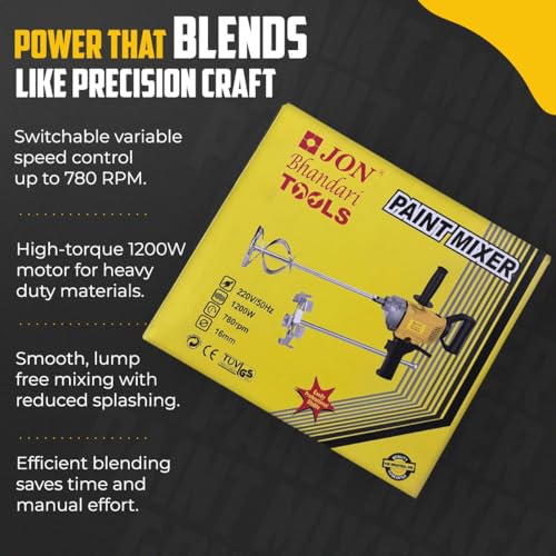 Jon Bhandari Tools Electric Paint Mixer 1200W | Heavy Duty Mixing Machine | Variable Speed 780 RPM | 16mm Chuck | Cement, Putty, Mortar, Wall Paint & Adhesive | Professional Construction Tool - Image 4