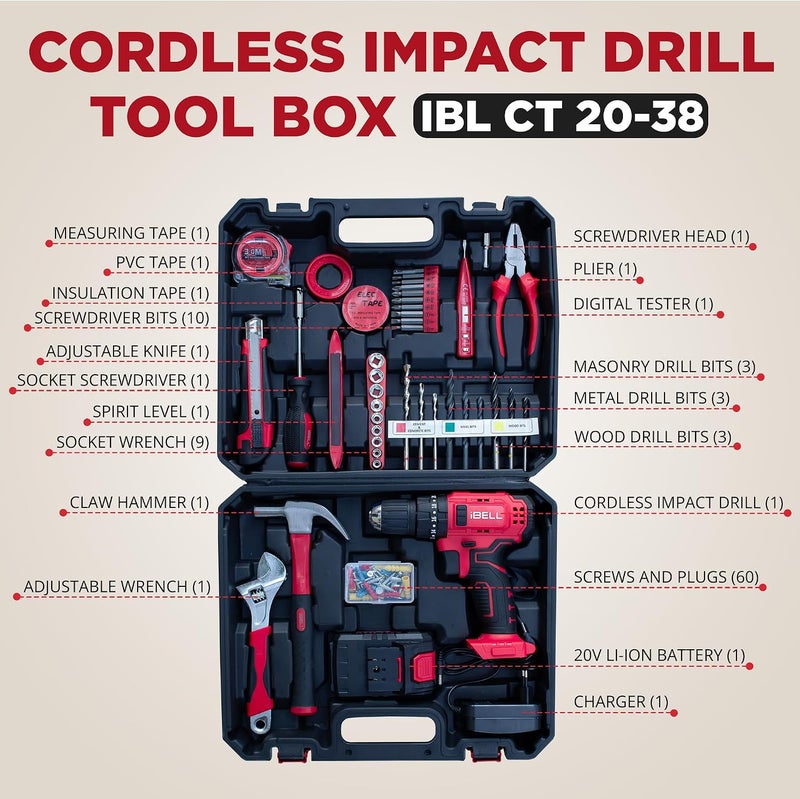 IBELL TOOLS iBELL CT20-38 20V Cordless Impact Drill Driver | Brushless Motor | 2-Speed Gearbox | 38Nm Torque | 10mm Chuck | LED Work Light | 2.0Ah Battery & Fast Charger | 101 Accessories | DIY & Professional  Kit - Image 2