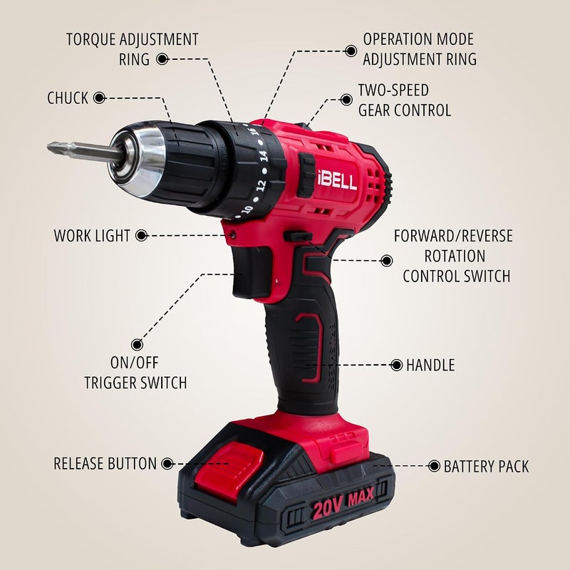IBELL TOOLS iBELL CT20-38 20V Cordless Impact Drill Driver | Brushless Motor | 2-Speed Gearbox | 38Nm Torque | 10mm Chuck | LED Work Light | 2.0Ah Battery & Fast Charger | 101 Accessories | DIY & Professional  Kit - Image 3