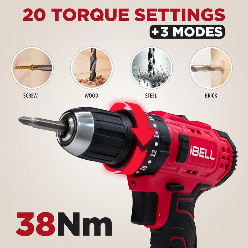 IBELL TOOLS iBELL CT20-38 20V Cordless Impact Drill Driver | Brushless Motor | 2-Speed Gearbox | 38Nm Torque | 10mm Chuck | LED Work Light | 2.0Ah Battery & Fast Charger | 101 Accessories | DIY & Professional  Kit - Image 4