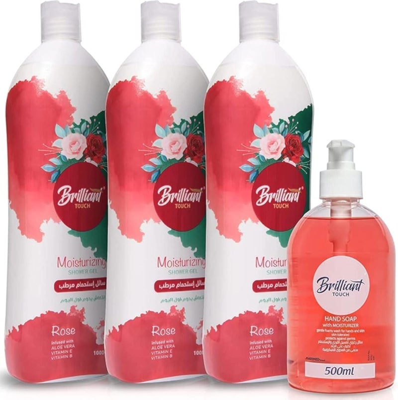 Brilliant Touch Shower Gel 1000ML 3Pcs. Rose Scent Plus Free Hand Wash 500ML