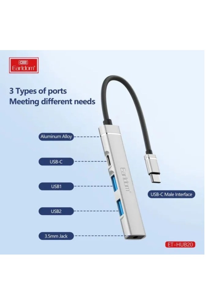 أيرلدوم محطة إرساء محول 4 في 1 USB type-C HUP19 للكمبيوتر والهاتف المحمول، جودة صغيرة صغيرة، متعددة المنافذ (1 USB type-C، 2 USB 3.0)، دعم iPhone  - Image 3