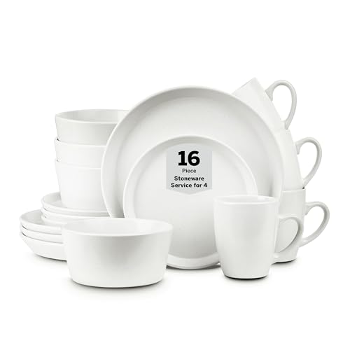 Stone Lain Albie Stoneware 16 Piece Modern Dinnerware Set, Plates and Bowls Sets, Service for 4, White Speckled, Microwave & Dishwasher Safe - Image 1