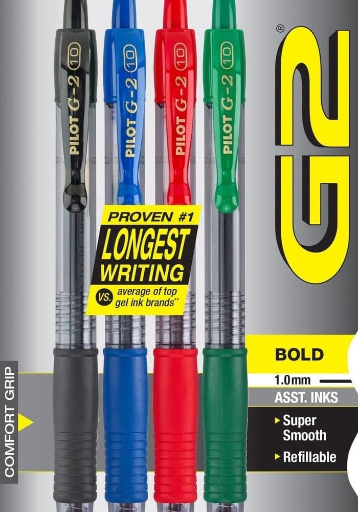 Pilot G2 Premium Refillable Gel Pens, Bold Point, Assorted Color Inks, 4-Pack - Image 1