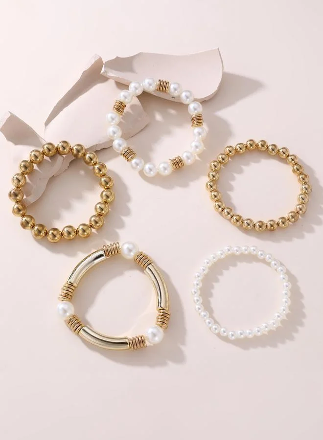 تايك تو مجموعة من 5 أساور يد مزينة باللؤلؤ الصناعي والخرز