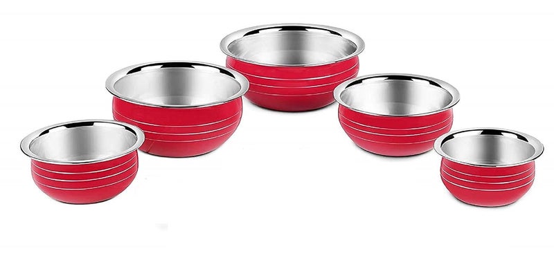 Redific Stainless Steel Colourful Handi/Cookware Set/Serving Bowl/Utensils Set of 5 Piece Red Color (5 Pieces, 350 ML, 550 ML, 750 ML, 1200 ML, 1650 ML) 