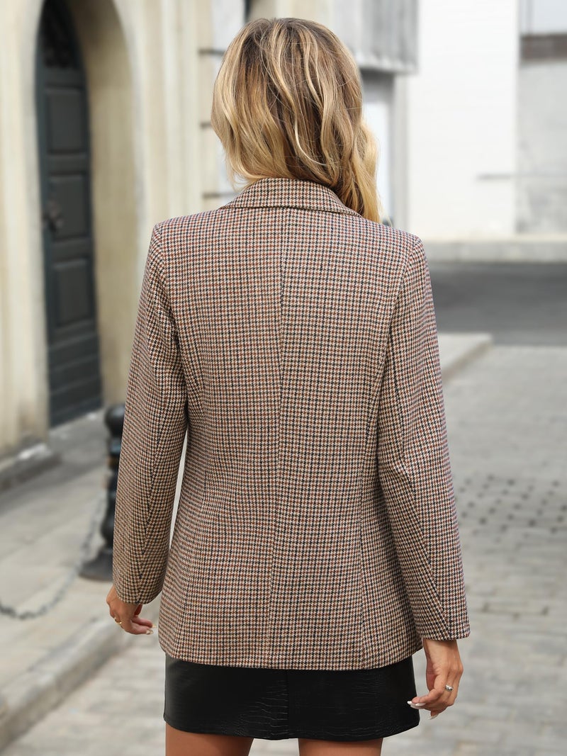 ELLEVEN Tweed Blazers for Women Business Casual Outfits Oversized Plaid Houndstooth Blazers Fall Long Jacket Work Casual Suit Old Money Office Professional Interview Clothes Light Brown Plaid Medium - Image 3