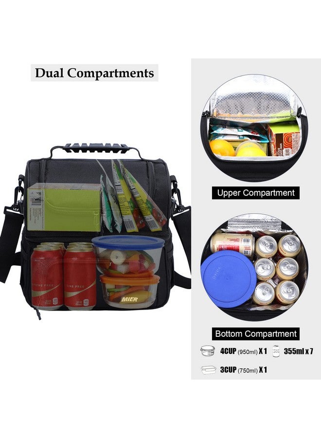 MIER Dual Compartment Lunch Bag Tote with Shoulder Strap for Men and Women Insulated Leakproof Cooler Bag, Black - Image 2