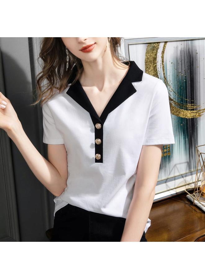 White T-shirt Short Sleeve Spring Summer Shirt Women Dress Suit Collar Half Sleeve 688 Clothes Tide Shoulder T-shirt