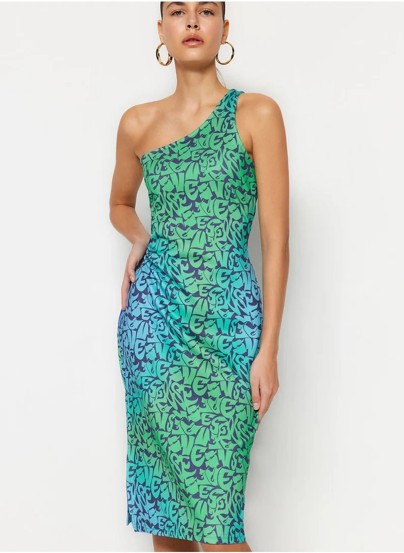 trendyol One Shoulder Printed Knitted Dress