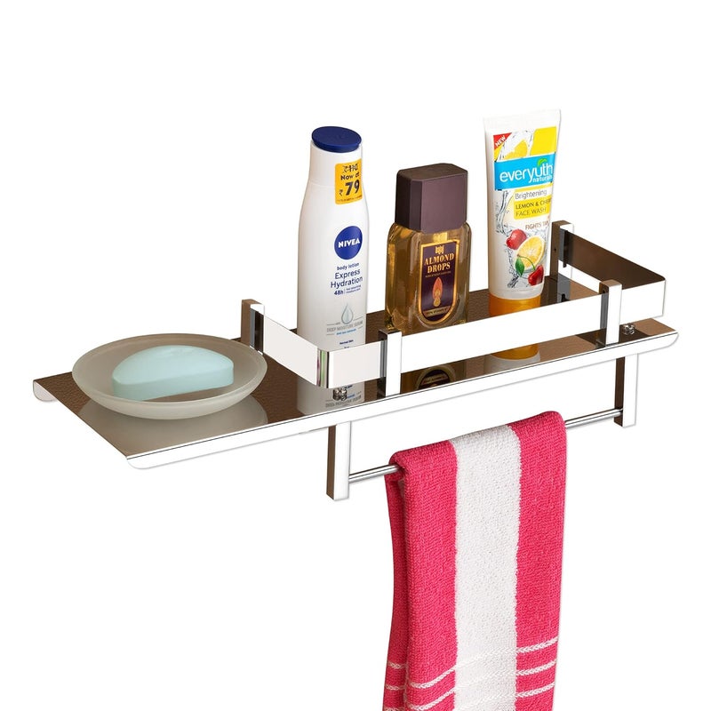 SmartSlide SmartSlide Stainless Steel Multipurpose Bathroom Shelf with Unbreakable Plastic Soap CaseWall ShelfSoap DishTowel HangerBathroom StandSoap CaseBathroom Accessories 15 x 5 Inches  - Image 1