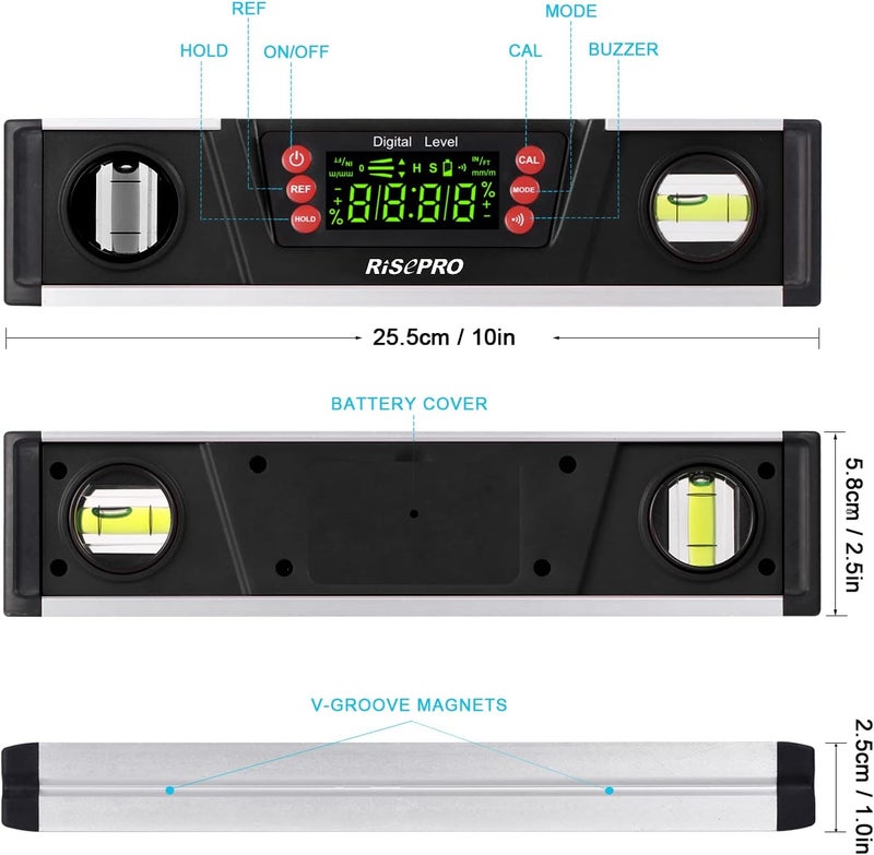 RISEPRO Digital Magnetic Level and Protractor - 10 Inches IP54 Protected Electronic Bubble Inclinometer, Angle Finder, Gauge w/Large VA Display & V-Groove Base DL135-B_US - Image 2