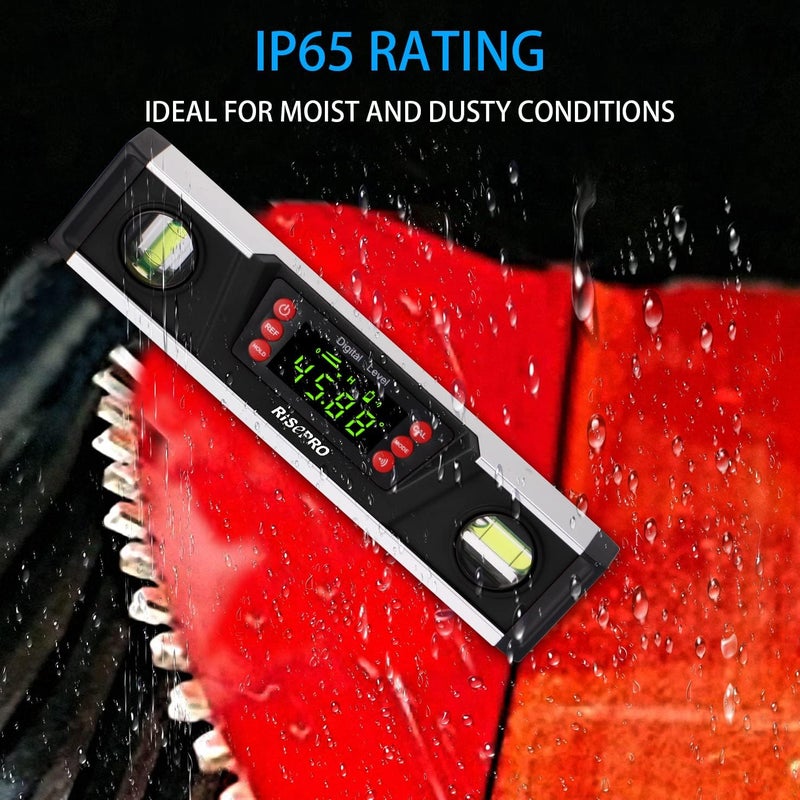 RISEPRO Digital Magnetic Level and Protractor - 10 Inches IP54 Protected Electronic Bubble Inclinometer, Angle Finder, Gauge w/Large VA Display & V-Groove Base DL135-B_US - Image 3