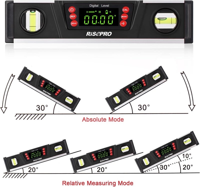 RISEPRO Digital Magnetic Level and Protractor - 10 Inches IP54 Protected Electronic Bubble Inclinometer, Angle Finder, Gauge w/Large VA Display & V-Groove Base DL135-B_US - Image 5