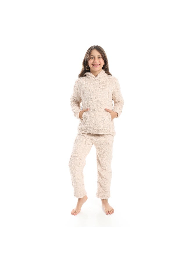 Andora Self Patterened Long Sleeves Beige Hooded Pijama-Biege - Image 1