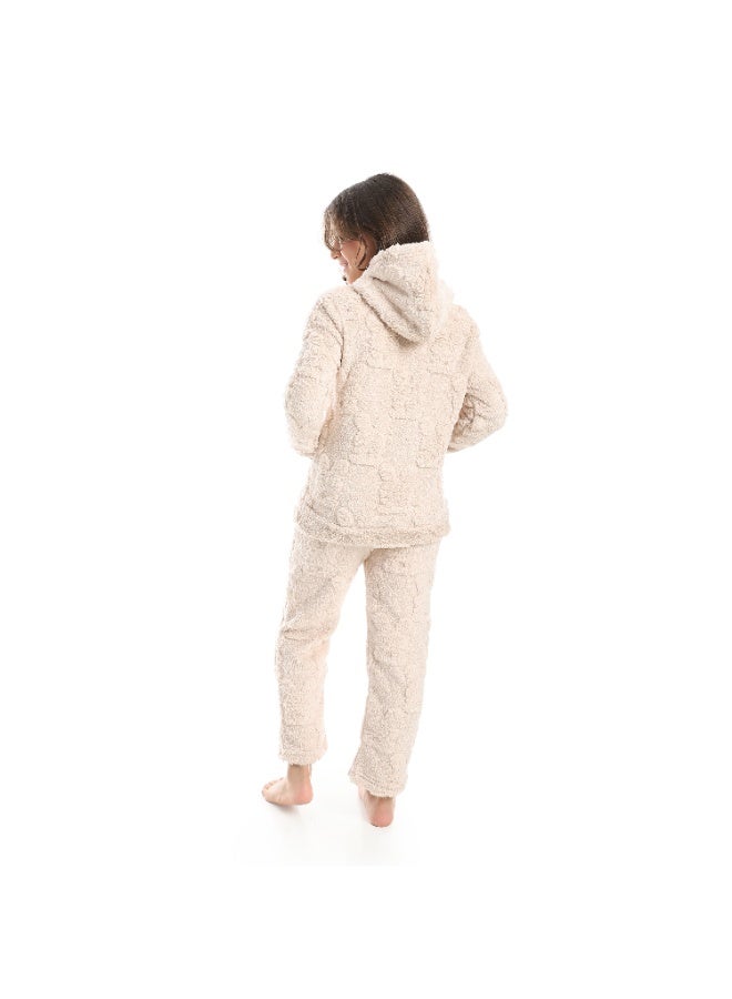 Andora Self Patterened Long Sleeves Beige Hooded Pijama-Biege - Image 2