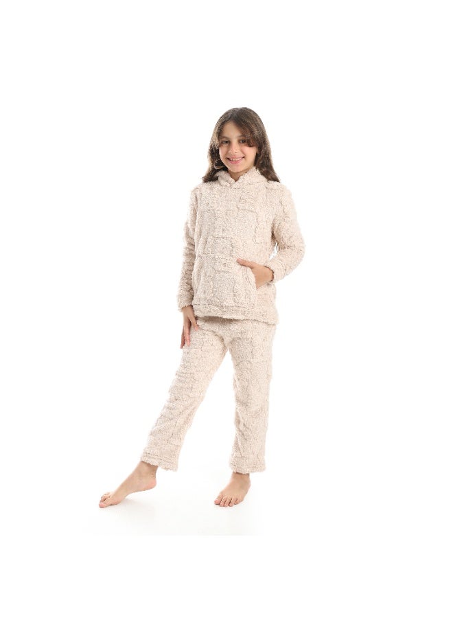 Andora Self Patterened Long Sleeves Beige Hooded Pijama-Biege - Image 5