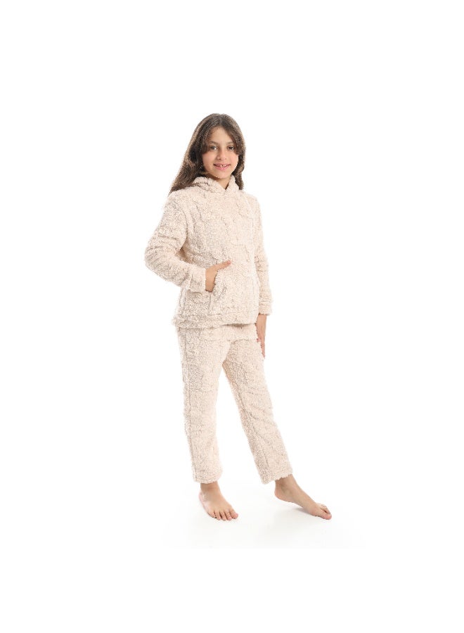 Andora Self Patterened Long Sleeves Beige Hooded Pijama-Biege - Image 3