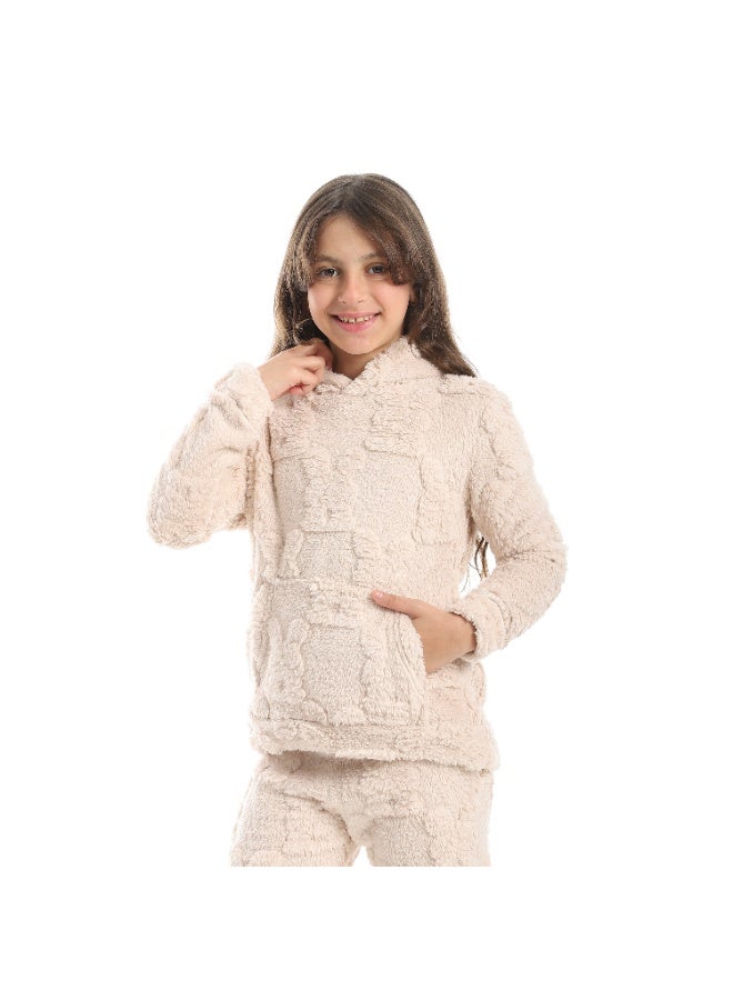 Andora Self Patterened Long Sleeves Beige Hooded Pijama-Biege - Image 4