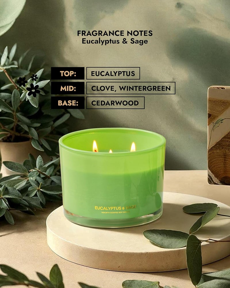 96NORTH Luxury Eucalyptus & Sage Soy Candle | Large 3 Wick Jar Candle | Up to 50 Hours Burning Time | 100% Natural Soy Wax | Housewarming Gift for Men and Women - Image 4