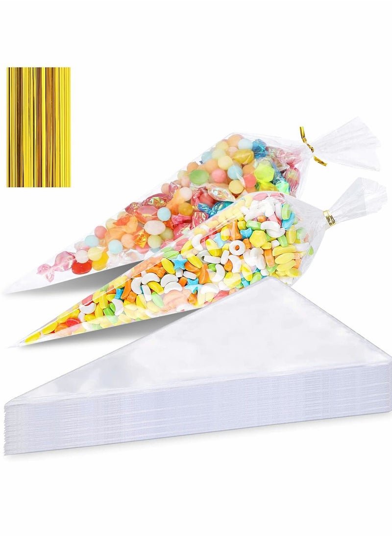 إسكدنيا Sweet Cone Bags, 150pcs Cellophane Bags Sweet Bags with Twist Ties, Plastic Sweetie Cones Bags Clear Sweet Cone Bags and Ties for Snacks Popcorn Chocolates Candy Party(11.8 X 6.3) - Image 1