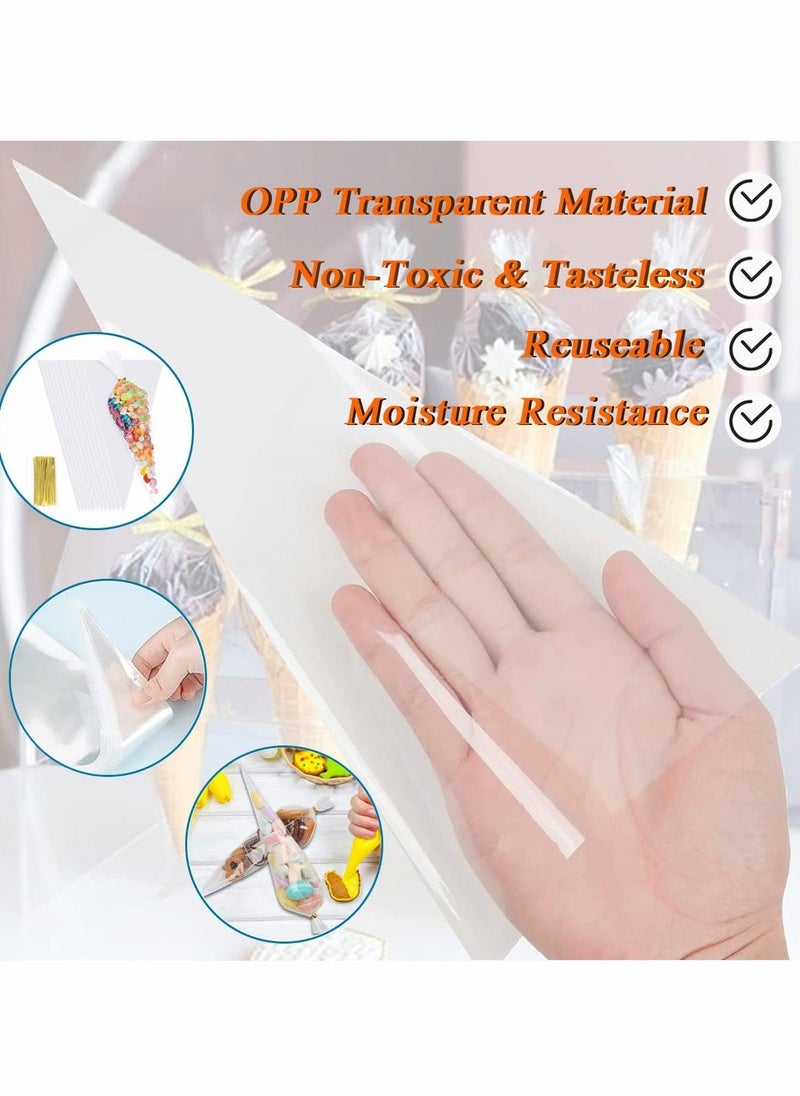 إسكدنيا Sweet Cone Bags, 150pcs Cellophane Bags Sweet Bags with Twist Ties, Plastic Sweetie Cones Bags Clear Sweet Cone Bags and Ties for Snacks Popcorn Chocolates Candy Party(11.8 X 6.3) - Image 3