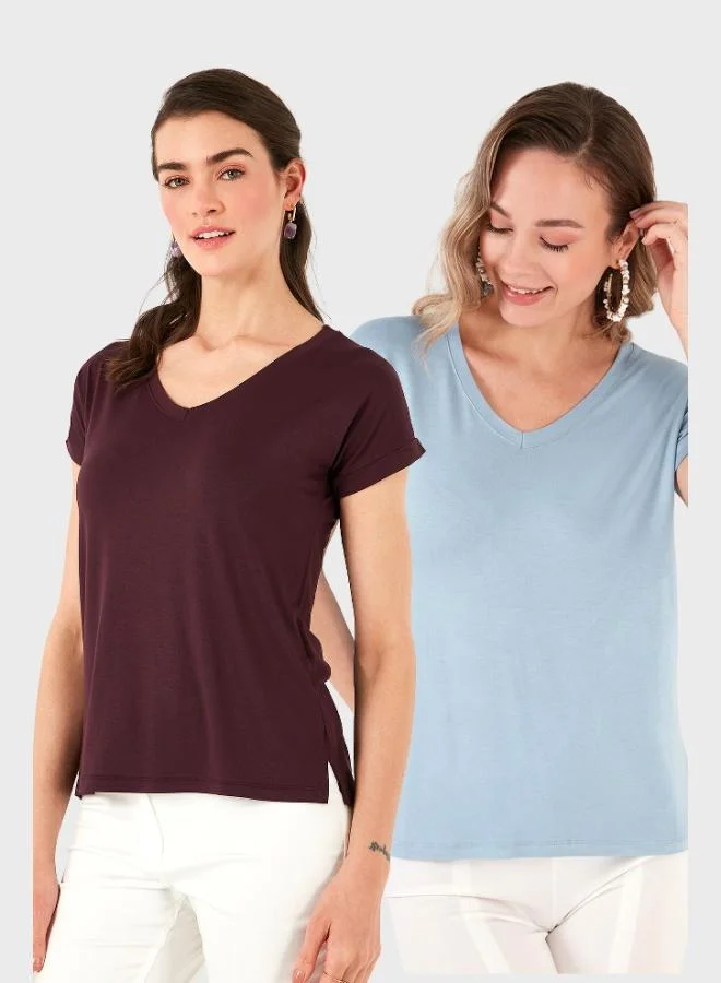 Lela Lela V-Neck Relaxed Fit Slit Detailed 2-Pack Blouse Women's BLOUSE 5862000S2