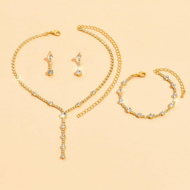 Unicra Rhinestone Bride Necklace Earrings Set Gold Crystal Bridal Wedding Jewelry Sets Prom Costume Jewelry Set for Women and Brides (E 3 Pack Gold Necklace Bracelet Earrings) - Image 2