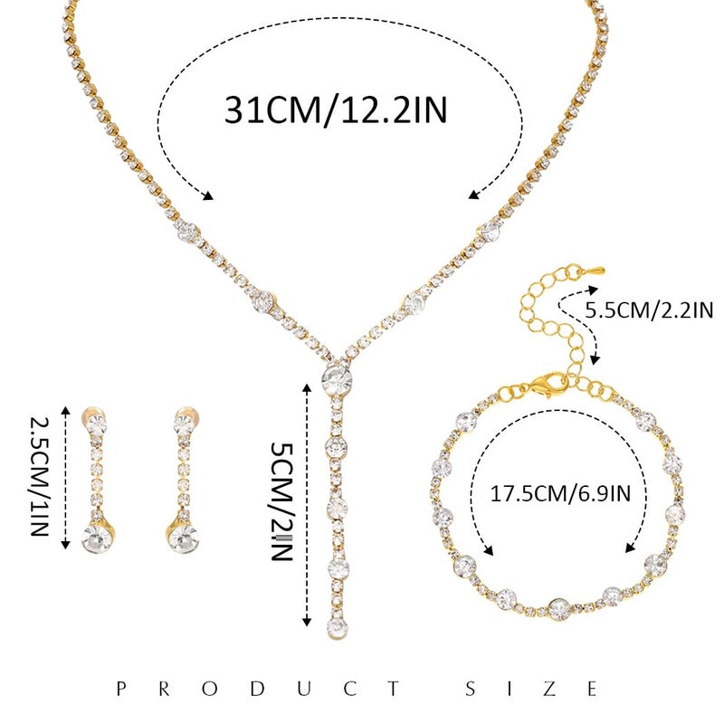 Unicra Rhinestone Bride Necklace Earrings Set Gold Crystal Bridal Wedding Jewelry Sets Prom Costume Jewelry Set for Women and Brides (E 3 Pack Gold Necklace Bracelet Earrings) - Image 5