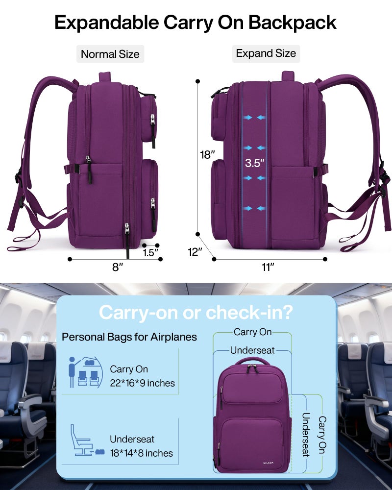 MILADA Expandable Travel Backpack 28L to 39L, TSA-Approved Carry On Backpack with 17 Inch Laptop Compartment, School Business Work Backpack for Men & Women, Purple - Image 2