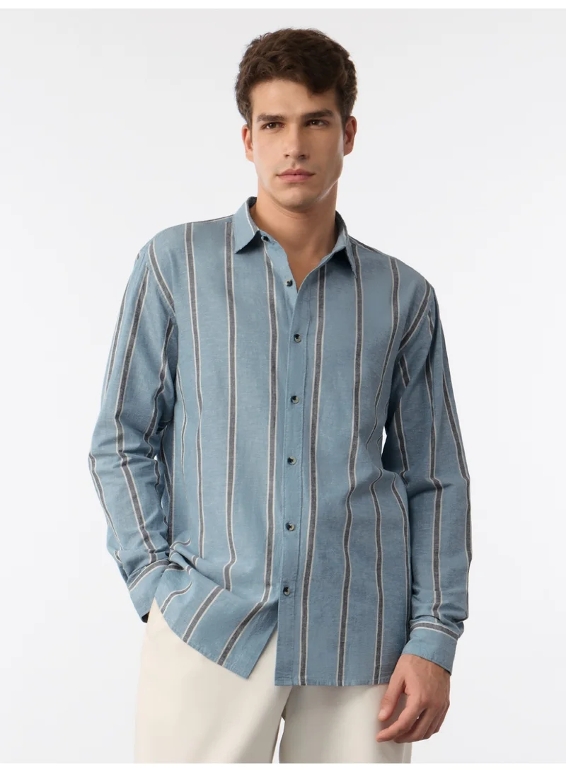 The Souled Store Cotton Linen Stripes: Coastal Men and Boys Long Sleeve Spread Collar Light Blue Striped Cotton Linen Blend Oversized Shirt