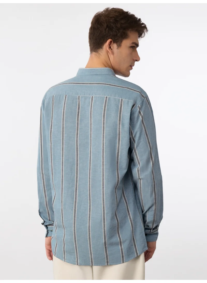 The Souled Store  The Souled Store Cotton Linen Stripes: Coastal Men and Boys Long Sleeve Spread Collar Light Blue Striped Cotton Linen Blend Oversized Shirt  | Best Price UAE