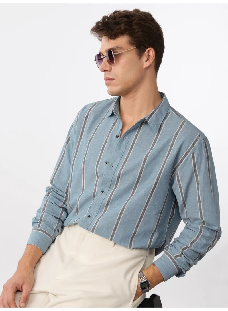 The Souled Store  The Souled Store Cotton Linen Stripes: Coastal Men and Boys Long Sleeve Spread Collar Light Blue Striped Cotton Linen Blend Oversized Shirt  | Best Price UAE