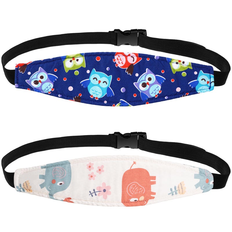 HESTYA 2 Pieces Baby Carseat Head Support Band Strap Headrest Stroller Seat Sleeping Headrest Neck Relief Head Strap Headband for Kids Children Toddler Infant(Elephant and Owl) - Image 1