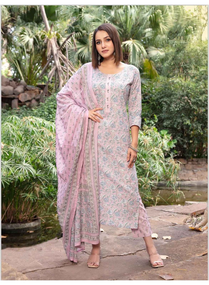Pink floral printed cotton kurta full set